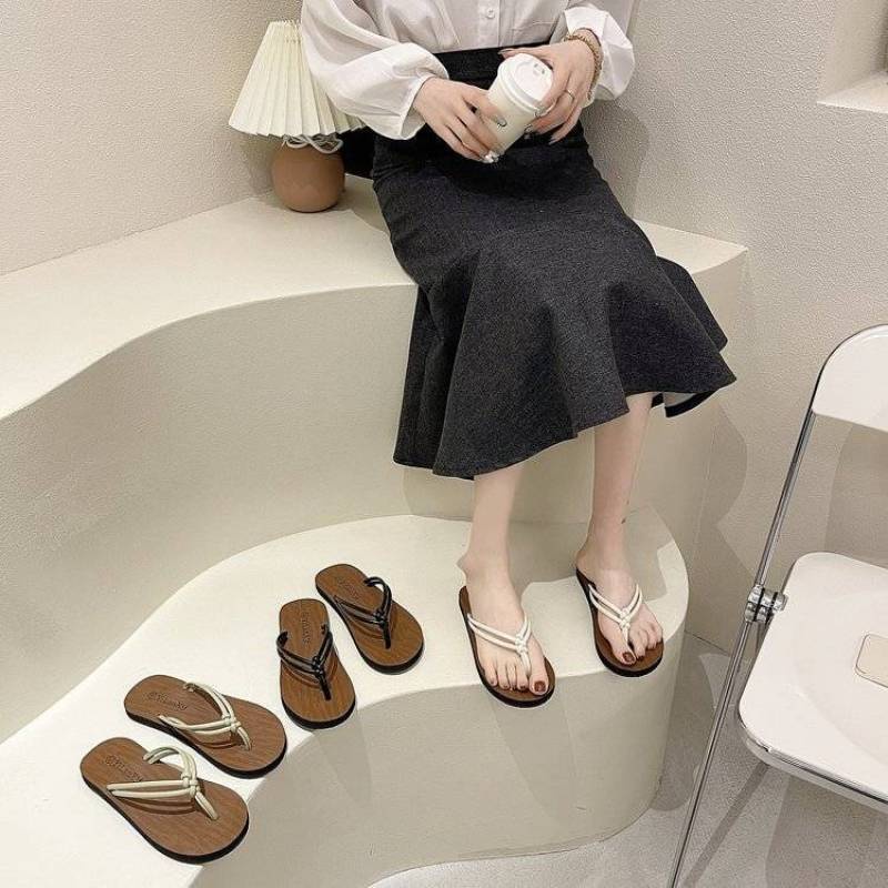 Oeggeo Cửa Hàng Thời Trang Dép Xỏ Ngón Đế Phẳng Đan Lát Đế Phẳng Cho Nữ