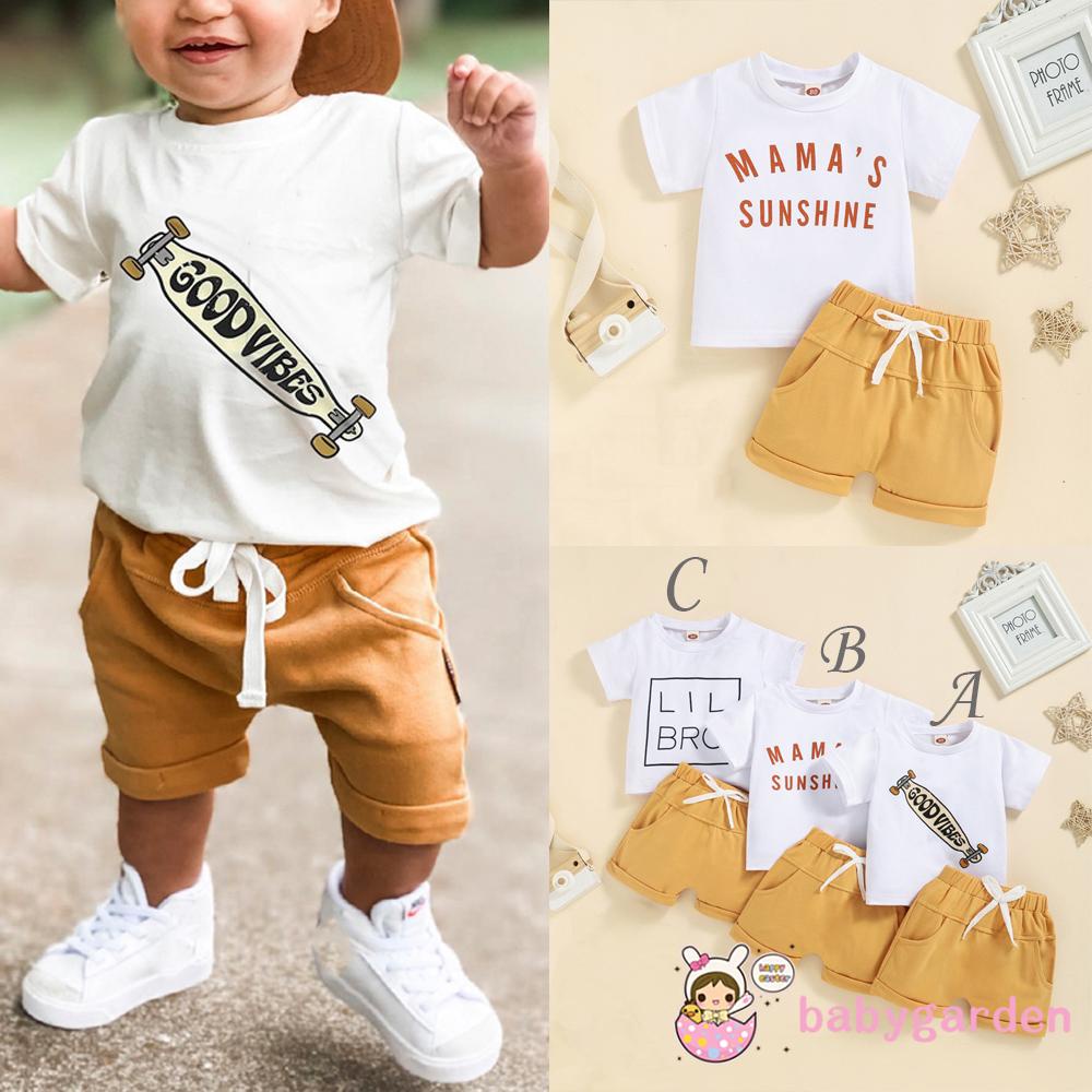 Set Đồ Mùa Hè Gồm Áo Thun Tay Ngắn Cổ Tròn In Chữ/Quần Short Cho Bé Trai 6 Tháng - 3 Tuổi