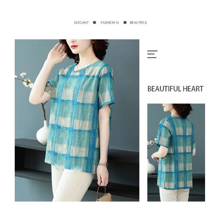 Áo Thun Lụa Lạnh Tay Ngắn Dáng Rộng Sọc Ca Rô Thời Trang Mùa Hè Cho Phụ Nữ Trung Niên