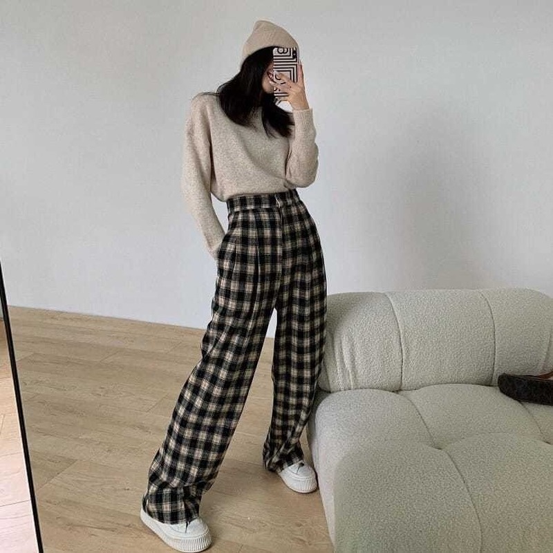 Quần Dài Ống Rộng Họa Tiết Caro Thời Trang Nữ