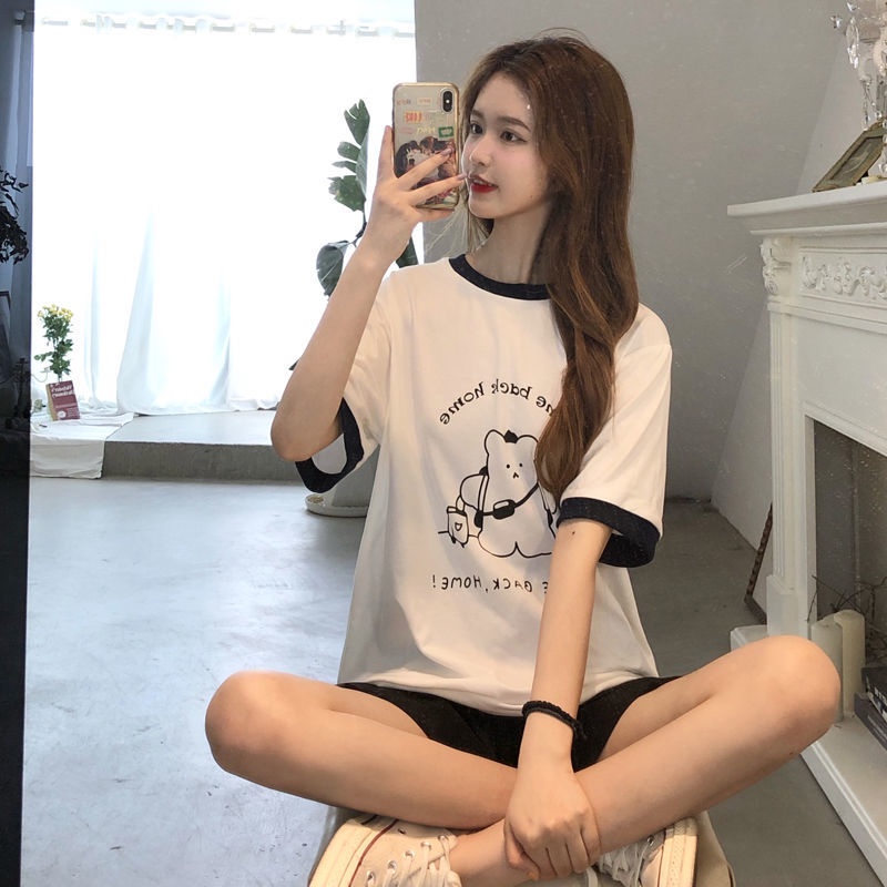 Áo Thun Tay Ngắn Cổ Tròn In Hình Gấu Dễ Thương Phong Cách Hàn Quốc Thời Trang Mùa Hè Cho Bạn Gái