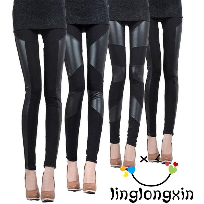 Quần Leggings phối da bóng độc đáo thời trang