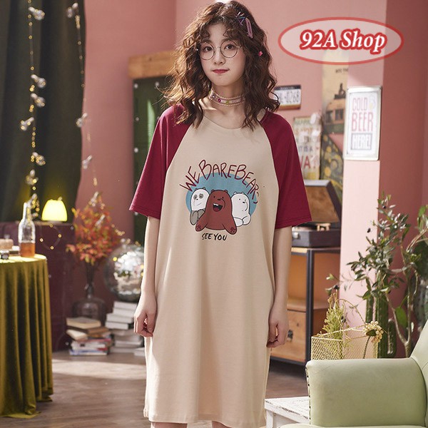 VÁY ĐẦM NGỦ CÓ TAY COTTON 3 CON GẤU #01