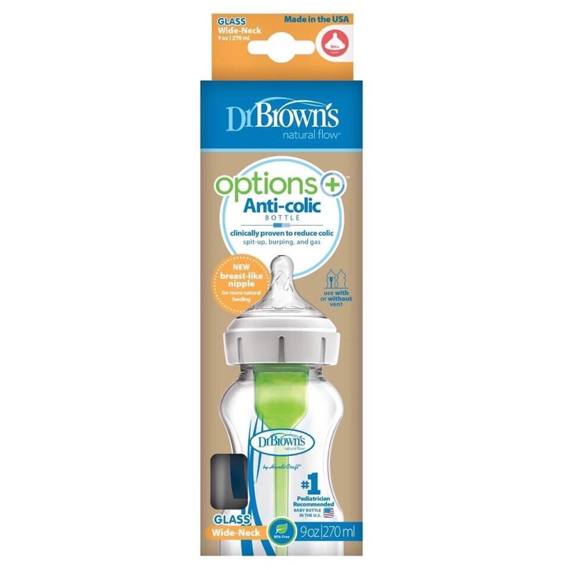 Bình sữa Dr.Brown’ cổ rộng Thủy Tinh Options Plus có dung tích 150ml và 270ml.