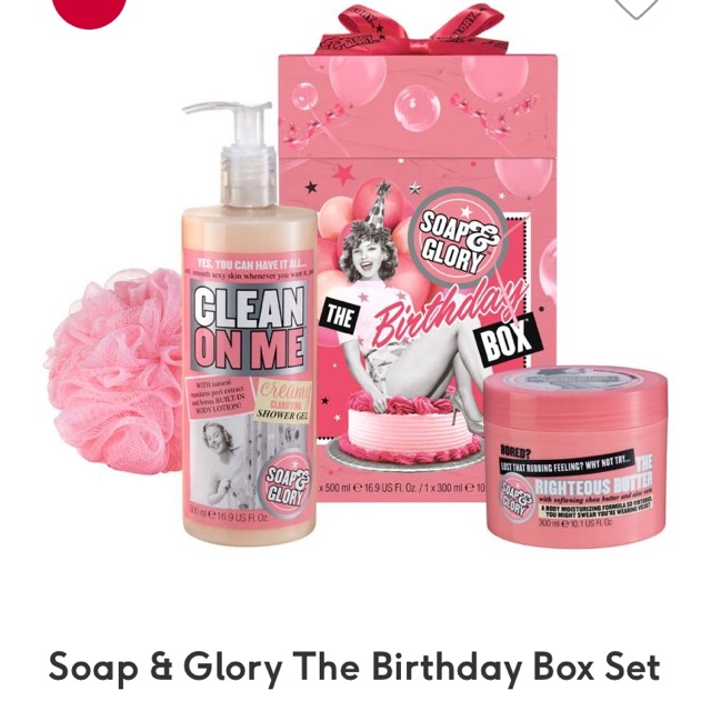 ( bill Anh ) hộp quà sinh nhật Birthday Box SOAP AND GLORY gồm sữa tắm Clean On Me bơ dưỡng thể Righteous tặng bông tắm