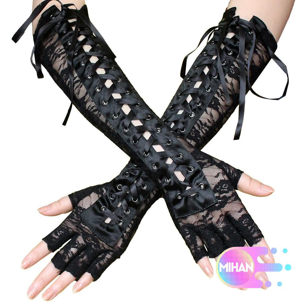 MIHAN1 1 Pair Women Halloween Gloves Night Club Lace Gloves Punk Gothic Mittens Party Cosplay New Fashion Long Ritual Dance Fingerless Silk Ribbon