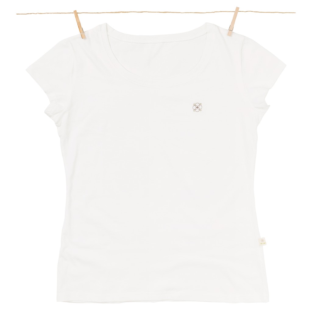 Áo phông nữ Mimi Organic Official sợi bông hữu cơ màu trắng ngà nhãn thêu màu mềm mịn siêu thoáng