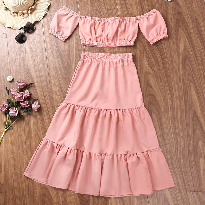 Set đồ mùa hè 2 món SIYYIS gồm áo crop top trễ vai màu hồng + chân váy chắp mảnh thời trang mùa hè cho bé gái 5-12 tuổi