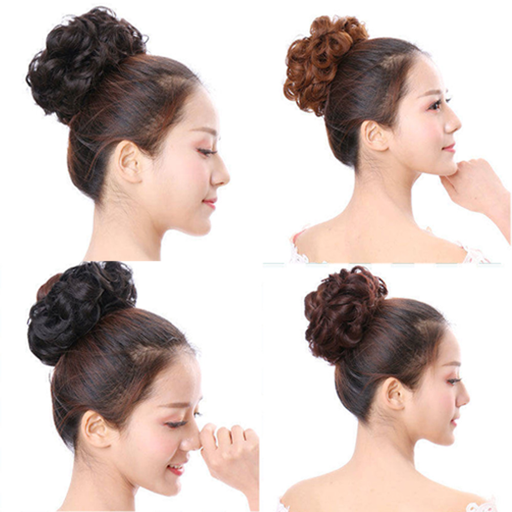 [COD] Women Messy Hair Donut Bun Brown Elastic Band Synthetic hair Rubber Band Hairpieces Black Natural Fake Hair Drawstring Curly Chignon/Multicolor