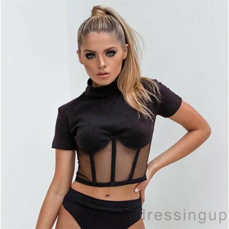 Áo ngắn tay màu đen phối vải lưới thời trang cho nữ mặc hàng ngày