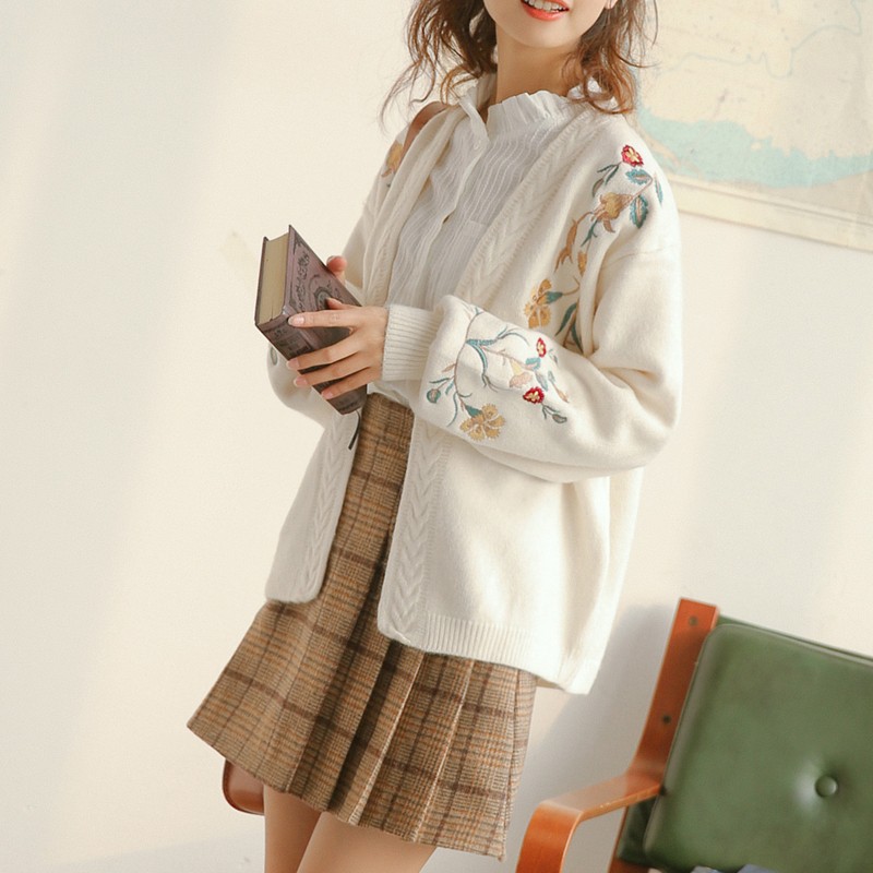 Áo Khoác Cardigan Dệt Kim Thêu Hoa Xinh Xắn Cho Nữ