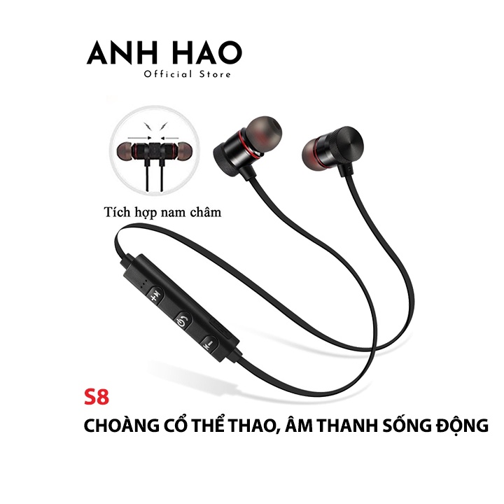 Tai nghe bluetooth Sport S8 2 bên có dây choàng cổ thể thao 2 đầu hít nam châm