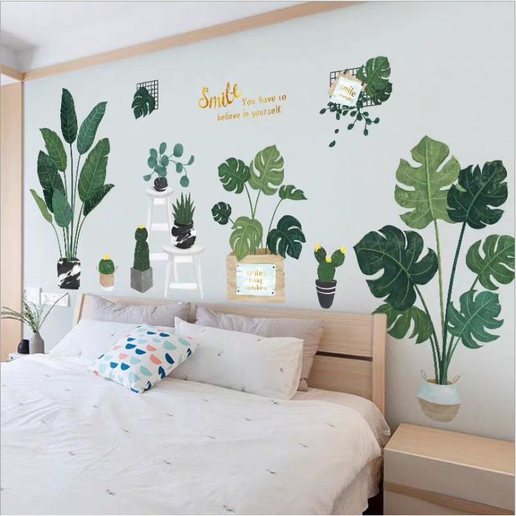 Decal dán tường 3D phong cách Hàn Quốc chậu cây tươi xanh - decalhcm