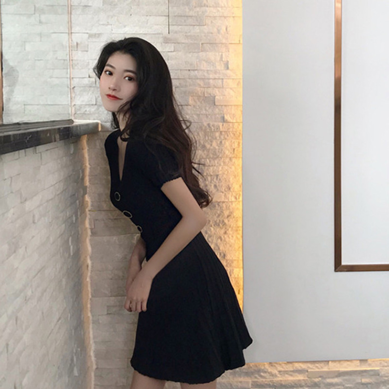 Đầm Thun Tay Ngắn Cổ Chữ V Màu Trơn Thiết Kế Dây Thắt Eo Phong Cách Trẻ Trung