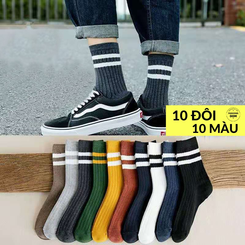 [Set 10 Đôi] Vớ Cổ Cao Unisex Cotton Dày dặn, Tất Cổ Cao Nam Nữ Họa Tiết Cổ 2 Sọc Ngang - CB202