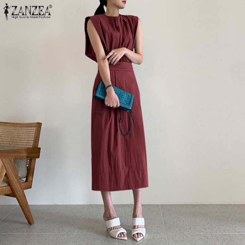 Đầm midi Zanzea không tay cổ tròn màu trơn có khóa kéo sau lưng thanh lịch dành cho nữ