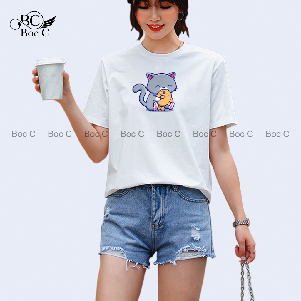 Áo phông nữ mùa hè đi biển mặc nhà đồ đôi chất cotton siêu cute Bocc áo thun tay ngắn vải mát in hình đẹp CÁ MÈO - Z34