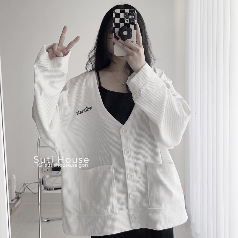 Áo Cardigan Nhung Gân 2 Màu Trắng Đen Form Rộng - Suti House