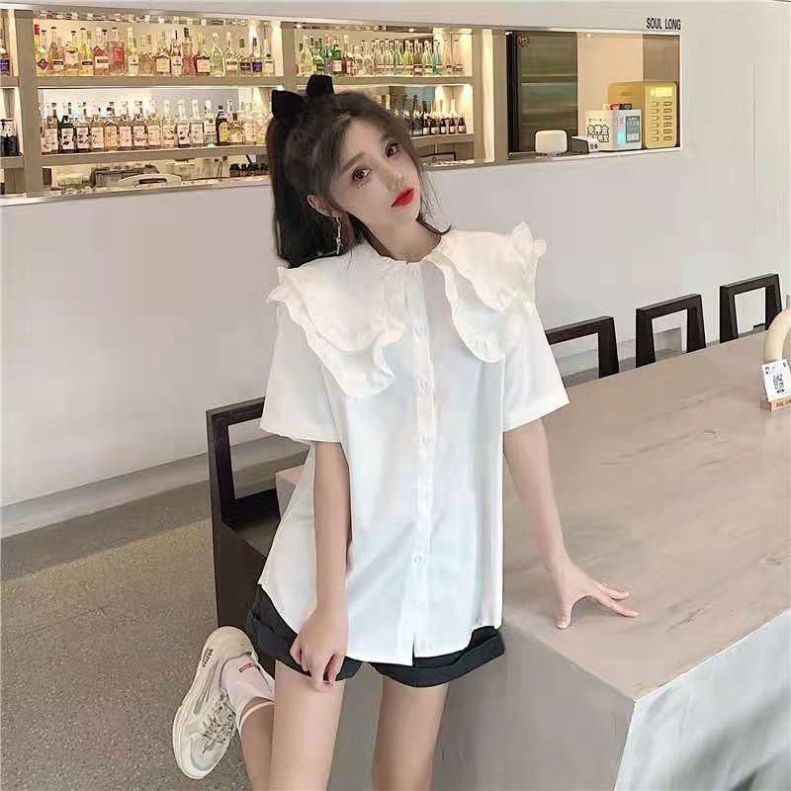 áo sơmi trắng nữ cổ bèo 2 tầng bèo ngắn tay mặc ngày hè A205 Nội Y Xanh hàng đẹp trendy - nội y xanh