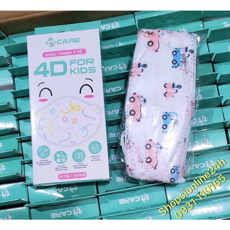 ✅ Hộp 10 cái khẩu trang cho trẻ em kf94 , 4D TTCare hình xe ô tô