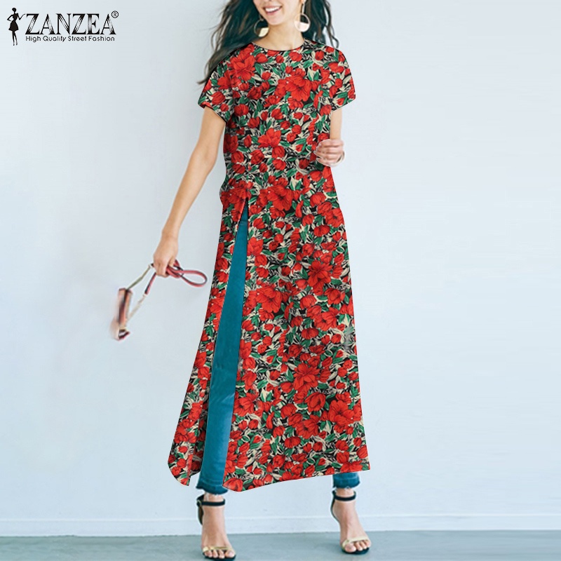 Áo kiểu nữ ZANZEA cổ tròn ngắn tay dáng dài xẻ tà thời trang