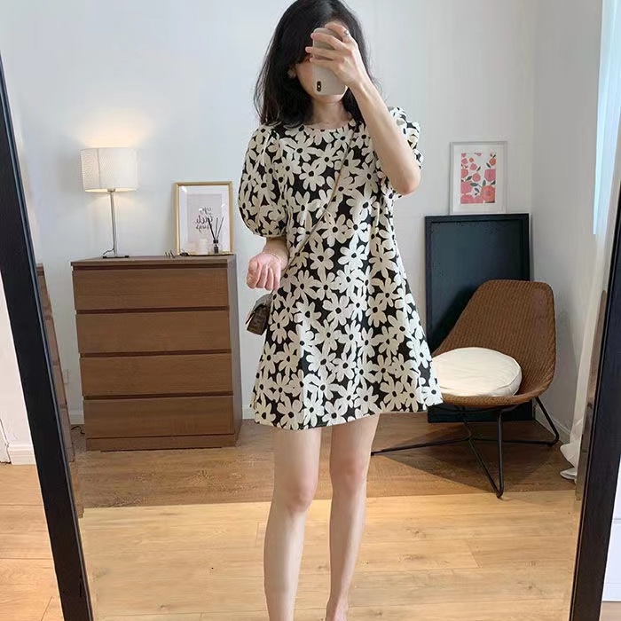 Đầm Tay Phồng Họa Tiết Hoa Phong Cách Retro Thời Trang Mùa Hè Hàn Quốc Cho Nữ