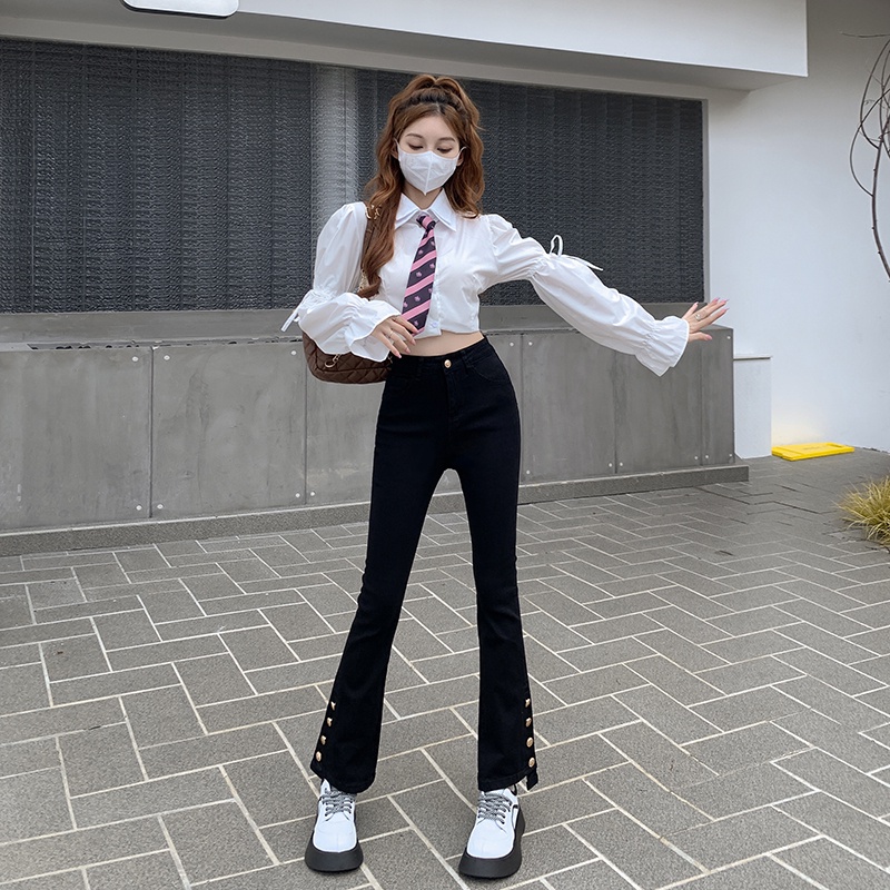 【ZHELIHANGFEI】Quần Jean Dài Lưng Cao Ống Loe Xẻ Tà Cá Tính Trẻ Trung