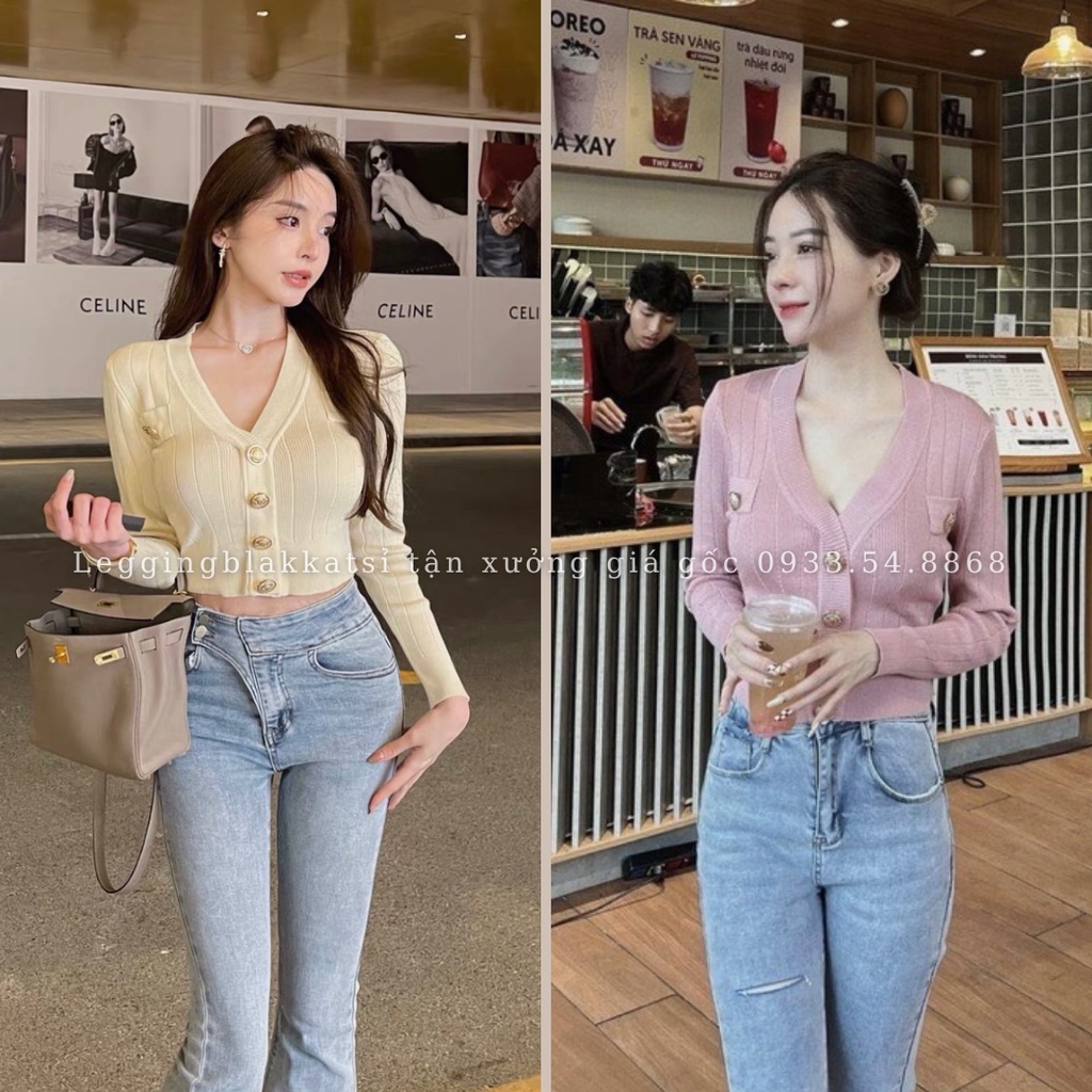 Áo len mỏng khuy đồng dáng ôm body, Áo kiểu len cổ tim 3427
