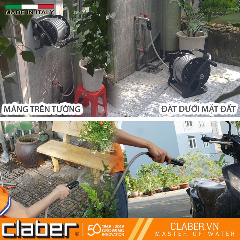 Bộ Cuộn Ống Tưới Cây  Claber Aquapony 8884  [Made in Italy] , 15m ống phi 12mm, vòi xịt 2 chế độ, 4 khớp nối nhanh