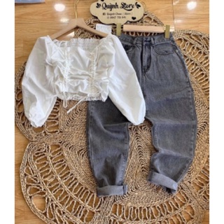 🔥Set Bộ Quần Baggy Xám + Crop Rút Dây