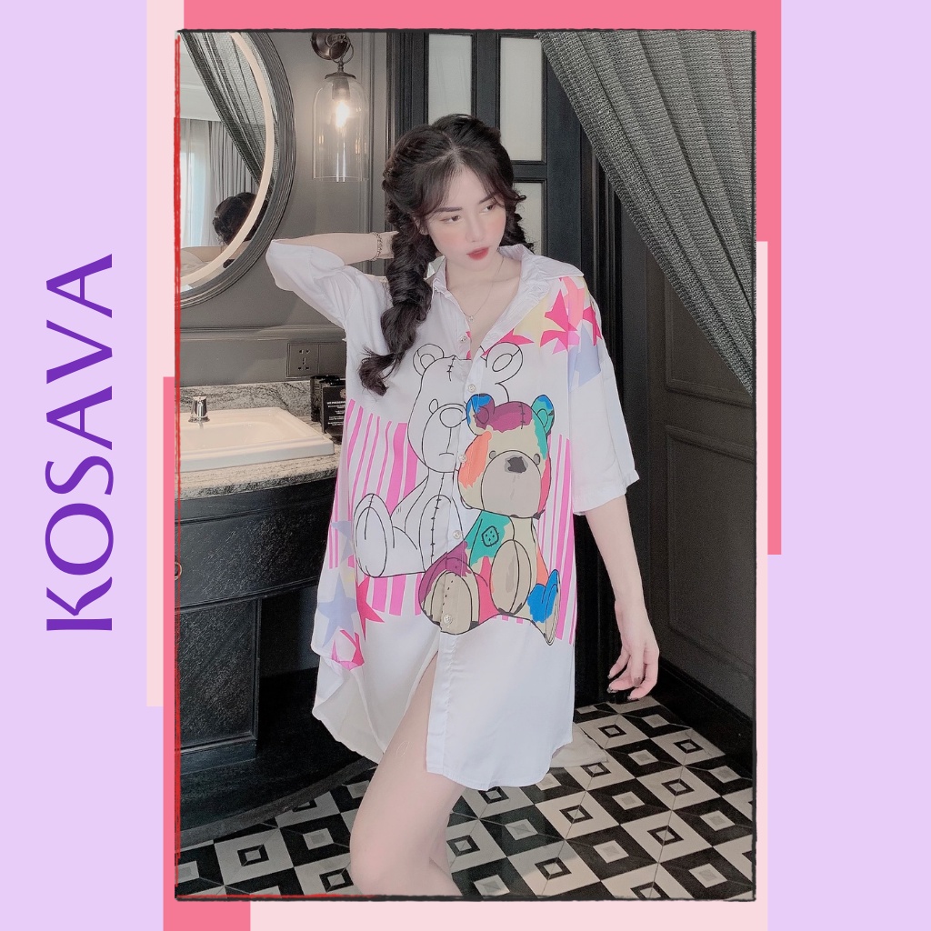 Đồ Ngủ Nữ váy ngủ lụa sơmi chất liệu satin thiết kế hình dễ thương KOSAVA