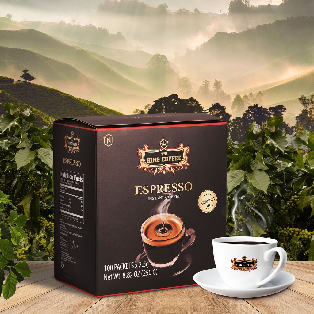 Cà Phê Đen Hòa Tan Espresso KING COFFEE - Hộp 100 gói x 2.5g - Arabica café hòa tan đậm hương vị cà phê Ý