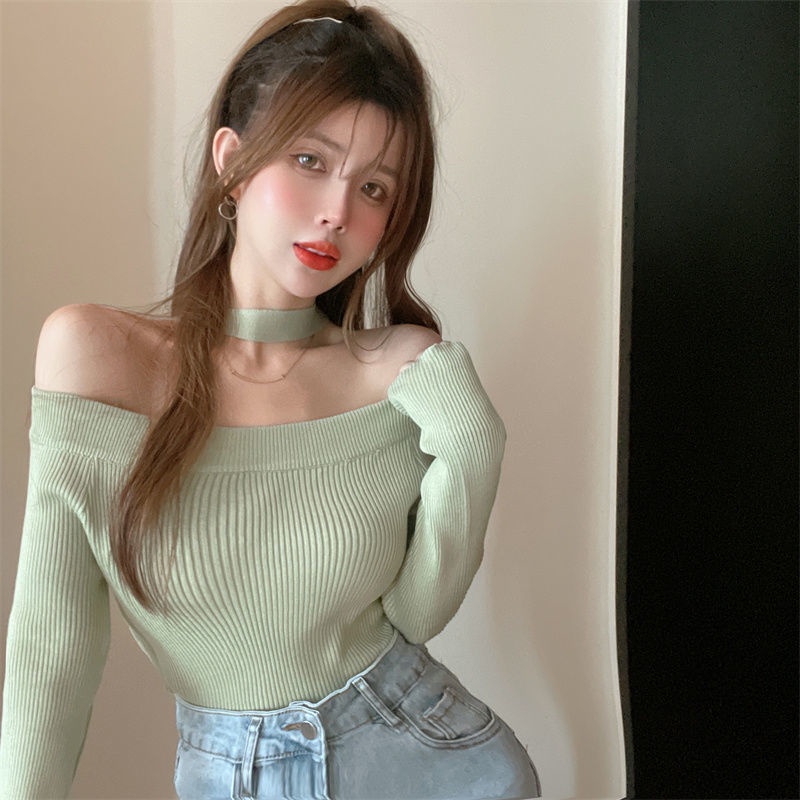 COZOK Áo len tay dài hở vai màu đen quyến rũ thời trang thu đông cho nữ