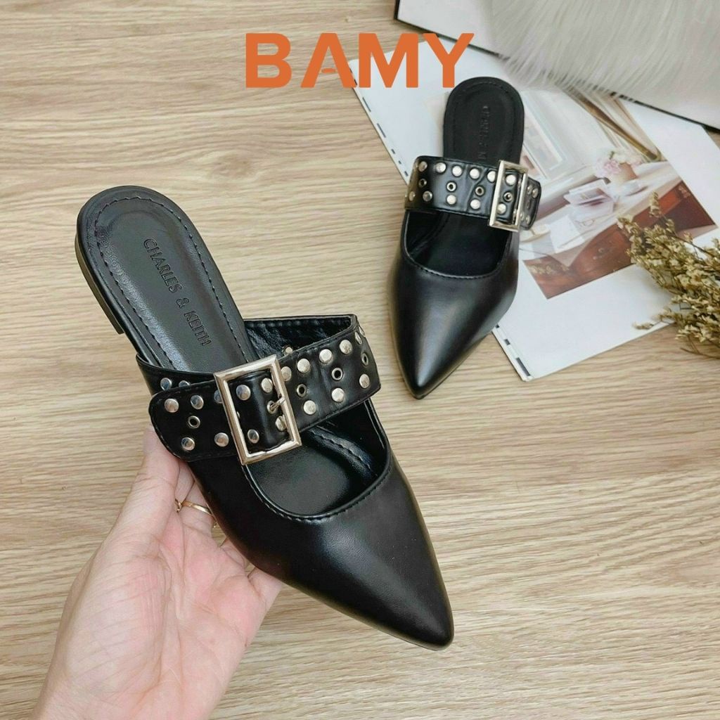 Giày Sục nữ mũi nhọn BAMY quai ngang đính đinh 3 màu, Dép sục bệt thời trang cao cấp