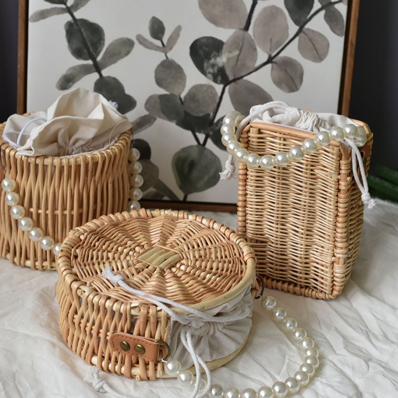 Túi Xách Đan Mây Đính Ngọc Trai Thời Trang Vintage Cho Nữ