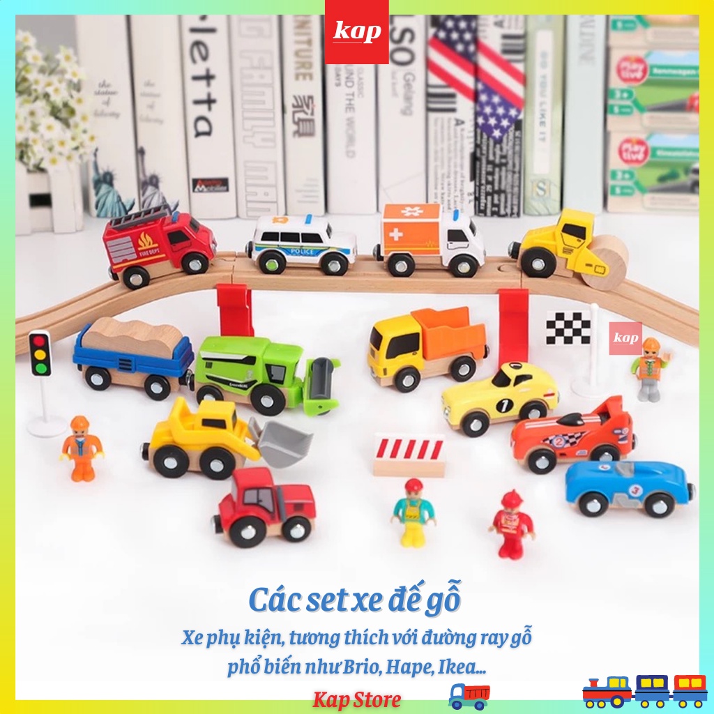 Set 3 xe đế gỗ xuất khẩu Châu Âu, xe nông trại, xe đua, xe cứu hộ, xe công trường