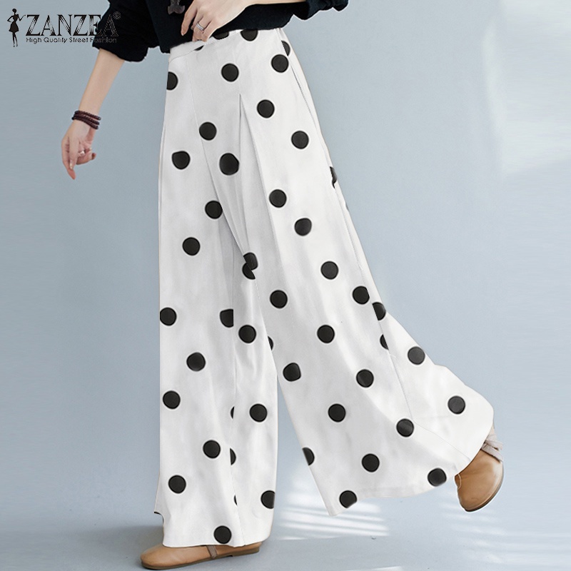 Quần dài nữ ZANZEA lưng cao họa tiết chấm bi ống rộng suông thanh lịch thời trang dễ phối đồ