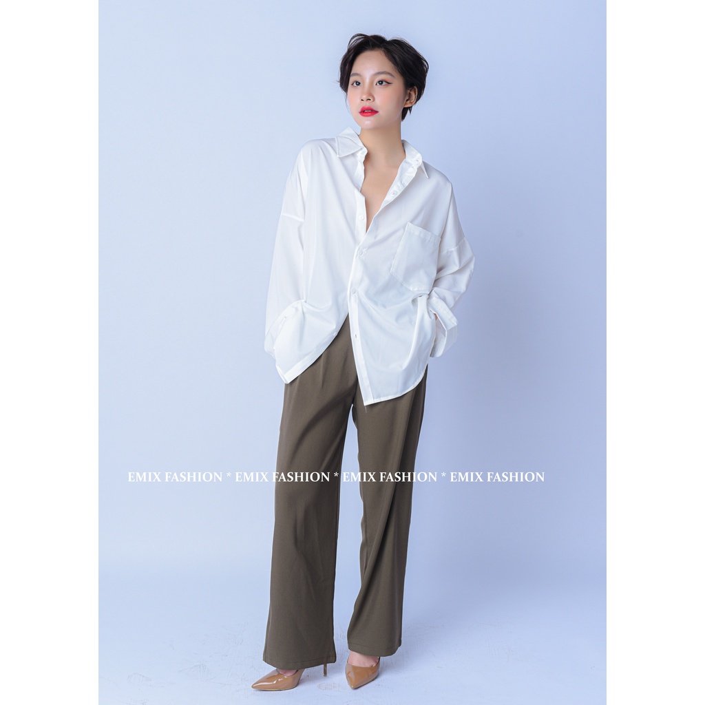 Áo sơ mi nữ EMIX (màu trắng), basic, dáng dài, form rộng, dài tay, cổ V, chất trượt mềm không nhăn A235
