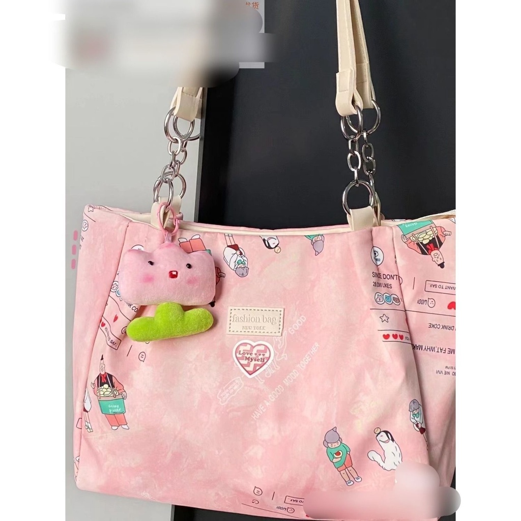 Màu Hồng Hoa Anh Đào!Yimengling Túi Xách Tote Đeo Vai / Xách Tay Bằng Da pu Sức Chứa Lớn In Họa Tiết Hoạt Hình Có Khóa Kéo