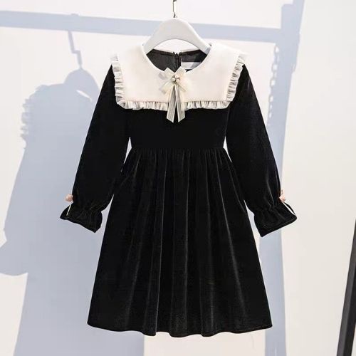 Váy nhung cho bé gái Myla Kids váy dài tay cổ bèo nhún 2 màu đỏ đen công chúa xinh đẹp cho bé 1-2-3-4-5-6-7-8-9-10 tuổi