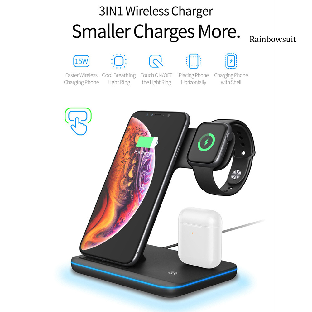 RB- 3 in 1 15W Rapid Wireless Charger Stand for Apple Watch iPhone Android Earphones