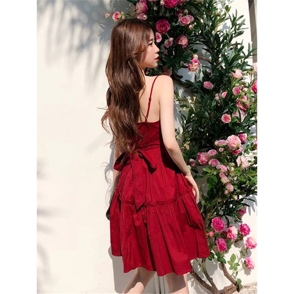 Sexy foreign platycodon sling dress retro red fairy super sensen light familiar wind sister net red dress summer