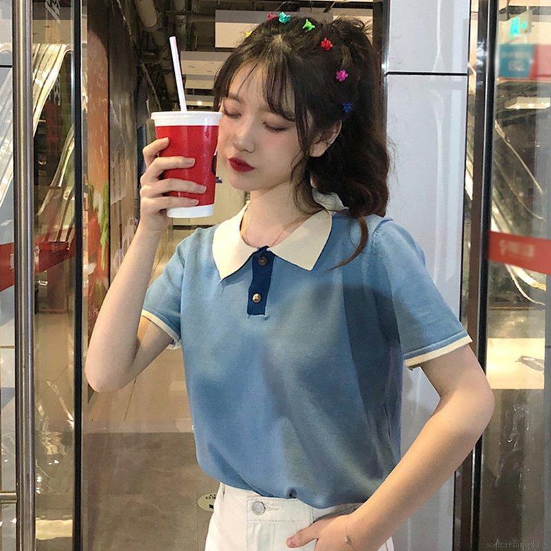 Áo thun nữ cổ sơ mi ngắn tay dáng rộng màu trơn ngọt ngào