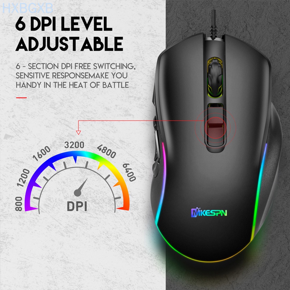 Game Mouse Wired 10 Buttons Gaming Mouse Adjustable RGB Computer Accessory with Colorful Light HXBG