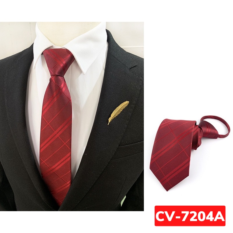 Cà Vạt Nam 7cm thắt sẵn khóa kéo cao cấp màu đỏ họa tiết kẻ chéo, Cravat công sở, Calavat chú rể, dự tiệc
