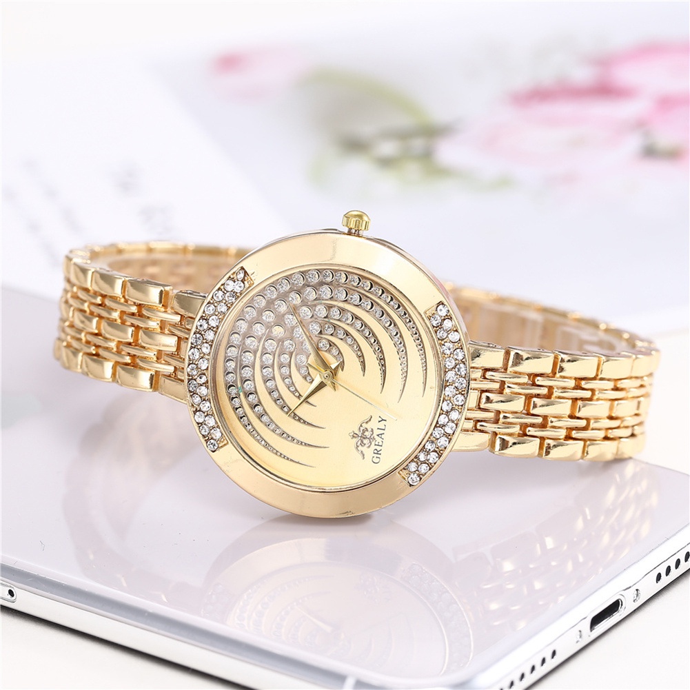 MACmk Women Shiny Rhinestone Inlaid Round Dial Mesh Band Quartz Analog Wrist Watch