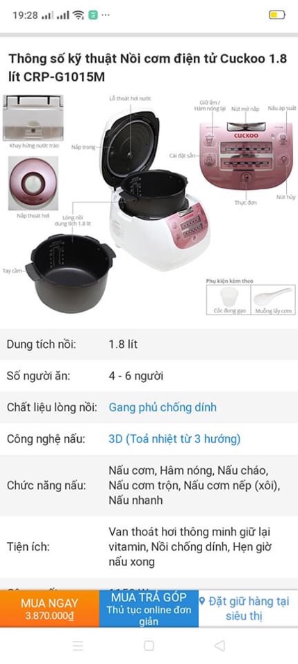 Nồi cơm điện tử Cuckoo 1.8 lít CRP-G1015