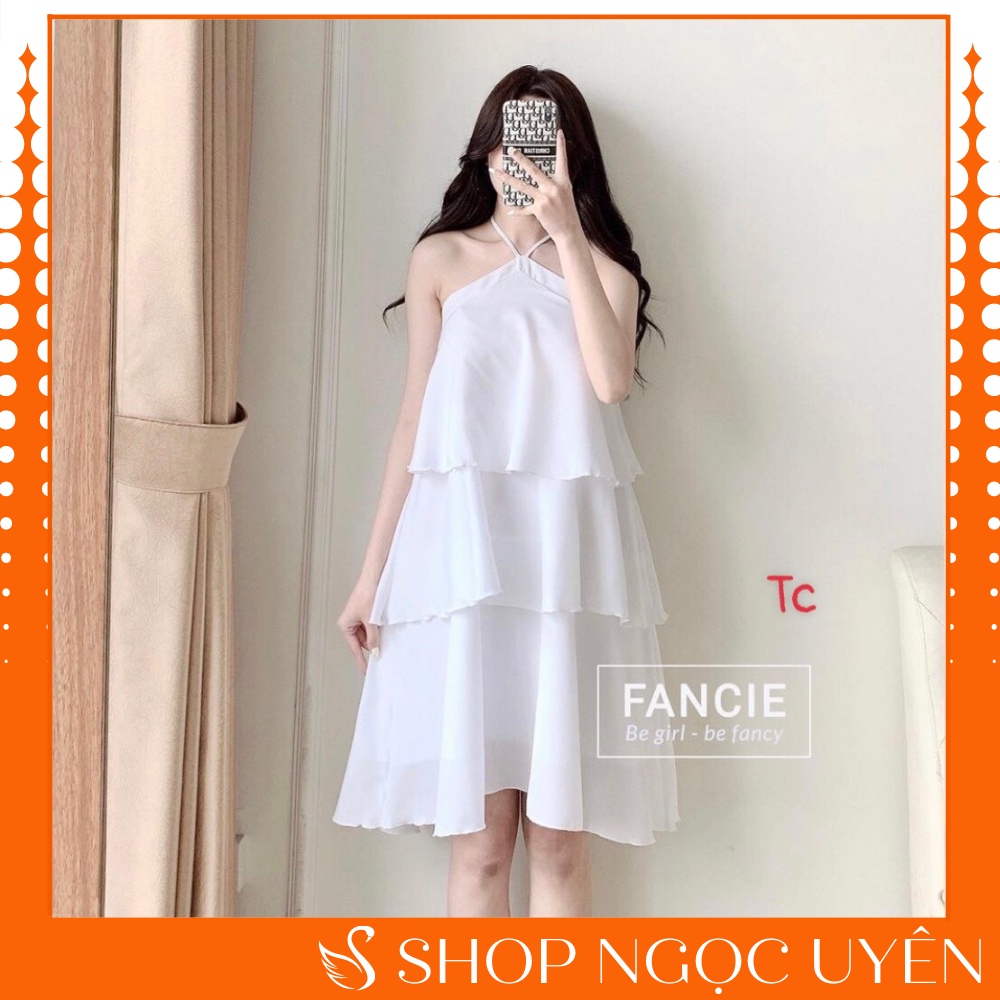 Váy Cổ Yếm 3 Tầng Dáng Baby Doll Mặc Dã Ngoại, Đầm Cổ Yếm Màu Trắng Đi Biển Dạo Phố