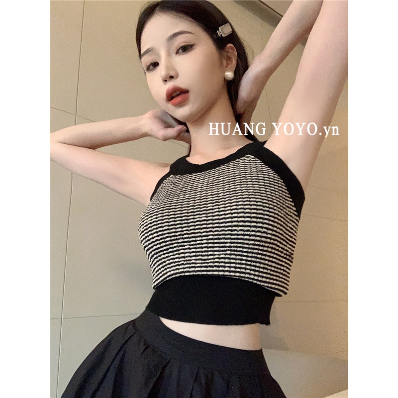 Áo Dệt Kim Hai Dây Dáng Ngắn Màu Sắc Tương Phản Phong Cách retro Hàn Quốc Thời Trang Cho Nữ