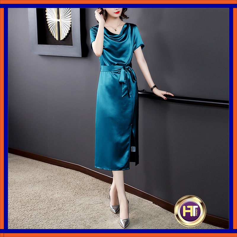 Đầm Nữ Dự Tiệc Cổ Đổ Váy Nữ Công Sở Dáng Suông Sẻ Tà Chất Lụa Cao Cấp Thiết Kế HT TRENDY